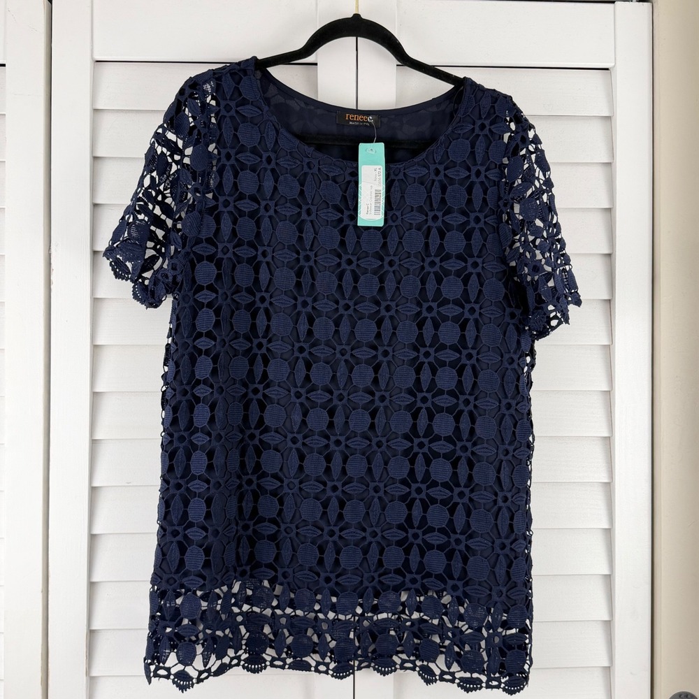 Renee C Crochet Top Women XL Navy NEW Short Sleeve Geometric Lace Blouse - Picture 16 of 16